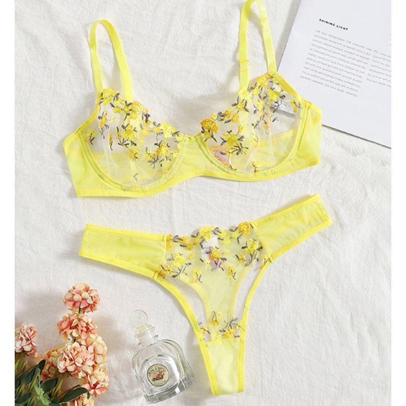

Перспективное кружевное обрамление Забавный комплект нижнего белья Вышивка цветами Сетка Прозрачное интимное белье XS Yellow