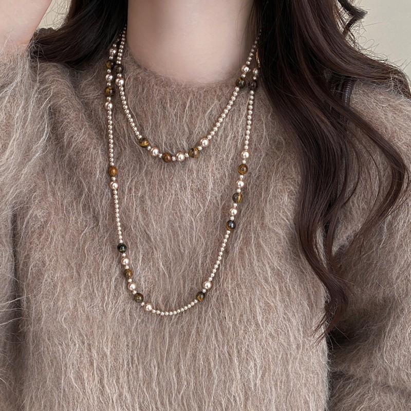 Handmade Layered Tigers Eye Brown Pearl Necklace 118cm Long Chain Minimalist Chic Statement Jewelry Women Daily Wear
