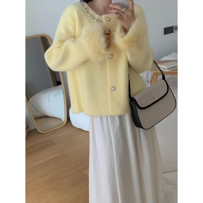 

Imitation mink velvet knitted cardigan autumn and winter new celebrity bead sweater jacket women One size