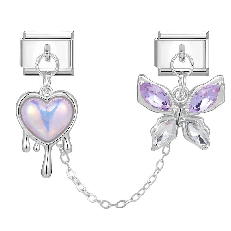 Y2K Zircon Moon Bow Star Pink Heart Tassel Chain Italian Charm Links Fit 9MM Stainless Steel Bracelet Women DIY Making Jewelry