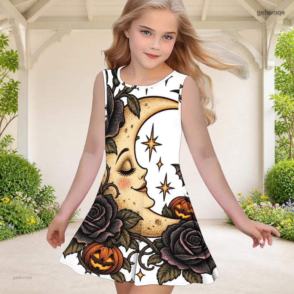 Girls Round Neck Sleeveless Printed A Line Flared Hem Dress