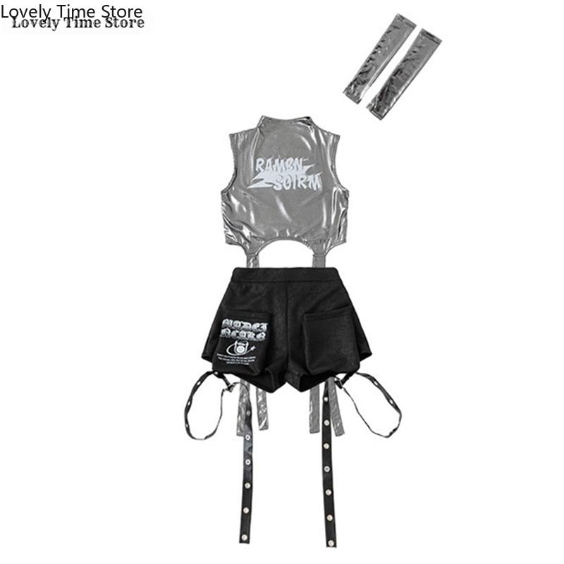 Girls Hip Hop Shiny Crop Top Pants Kids K-pop Jazz Shorts Dance Culottes Clothes Sets Children Streetwear Girl Group Costume