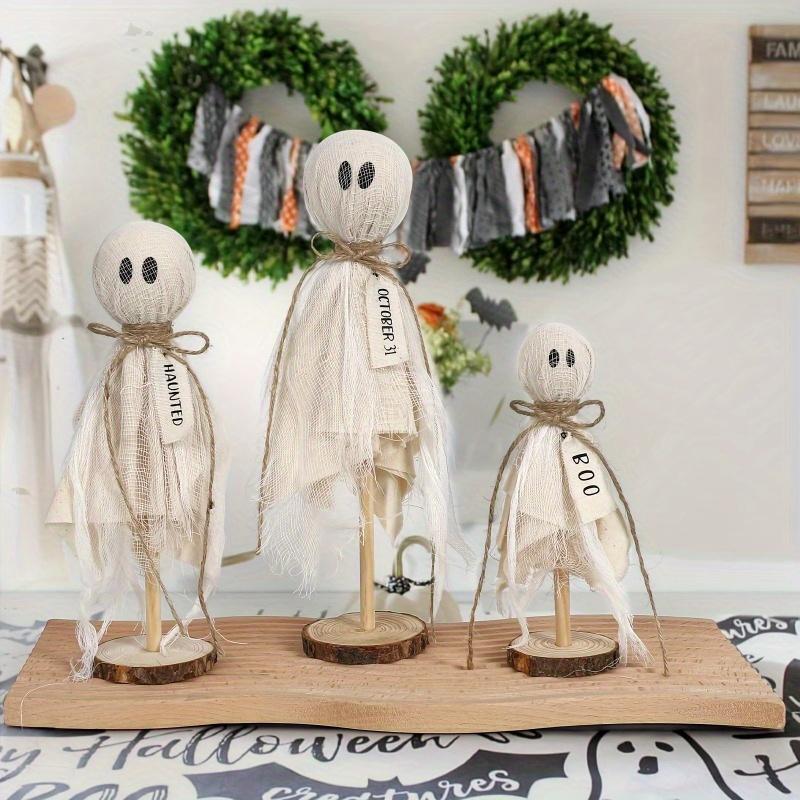 3-Piece Rustic Ghost Figurine Set for Seasonal Spooky Celebrations - Manufactured Wood Ghosts with Stand for Tabletop, Shelf & Mantel Display