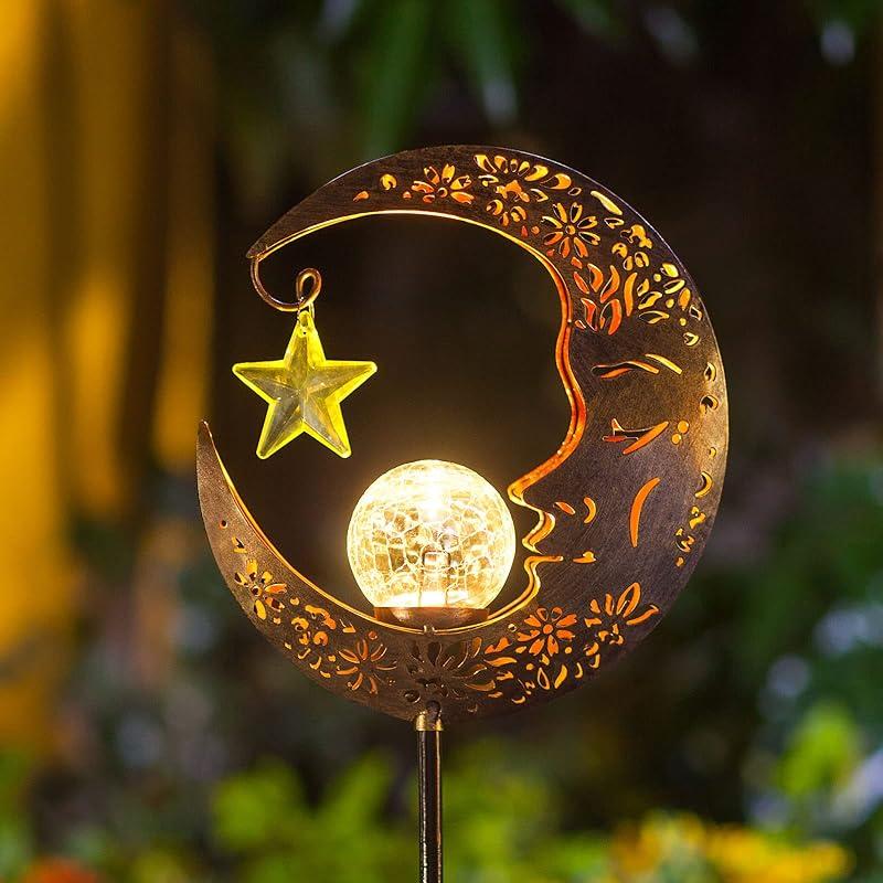Solar Lights Outdoor Decor Moon Lantern for Patio,Lawn or Pathway Moon Decorations Crackle Glass Globe Stake Metal Lights Waterproof Warm LED Garden