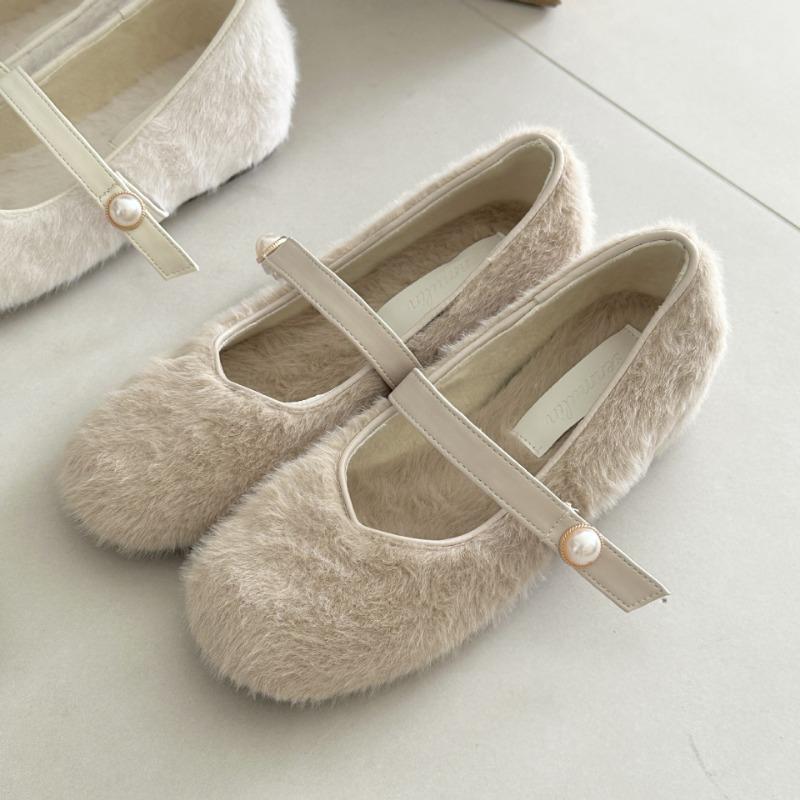 Small Inner Height Increase Ballet Hairy Shoes Women Wear Velvet Mary Jane Shoes In Winter