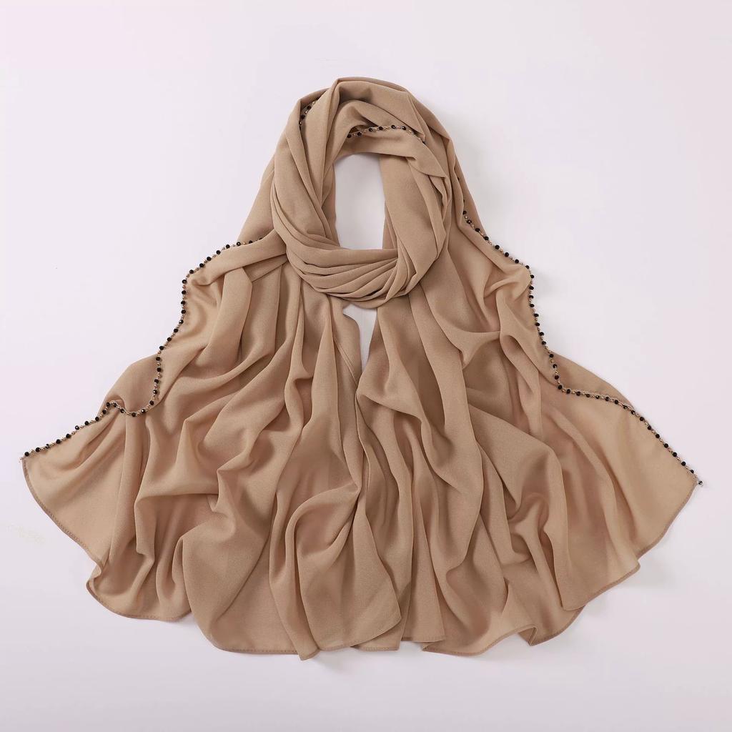 New Pearl Chiffon Hijab Scarf Copper Chain With Black Crystal Pearls Women Muslim Fashion Hijabs For Women Ramadan Turban Femme