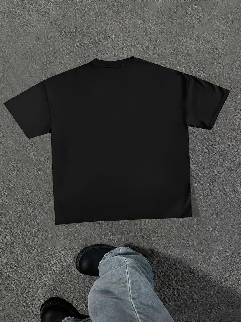 Men's Casual Pattern T-Shirt Car and Panic Cat Print Black Short Sleeve Crew Neck Top Trendy Streetwear Universal In All Seasons