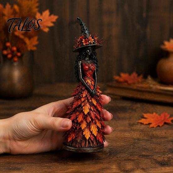 Halloween Party Table Decorations Autumn Witch Figurine, Desktop Decoration, Seasonal Resin Statue with Indoor Fall Home Accessories Leaf Gown