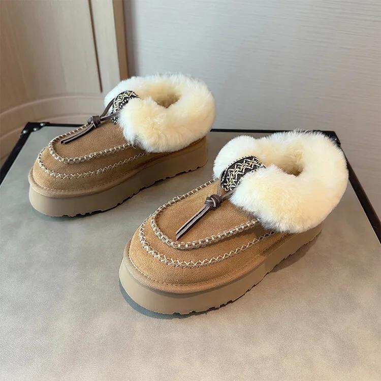 Fashion New Retro Winter Cow Suede Warm Snow Boots Handmade Women's Cute Round Head Thick Bottom with Suede Warm Cotton Boots Size 40