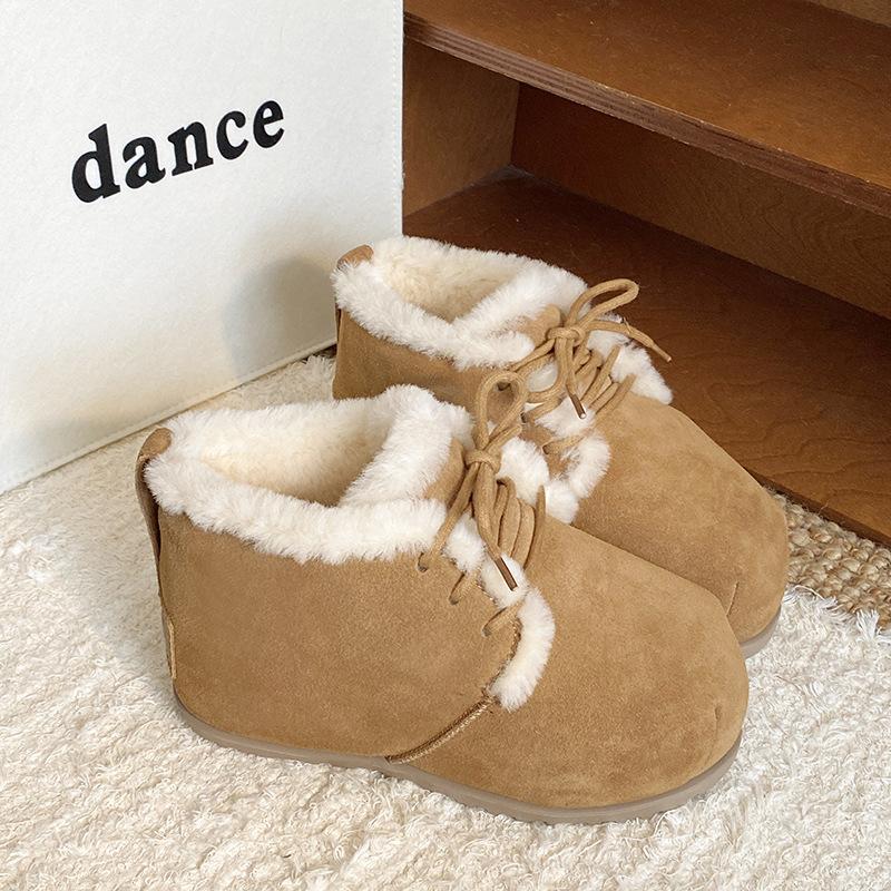 U fat head snow boots women's cow fur integrated bread shoes lace-up thermal short cotton shoes heightened thick-soled high-top shoes