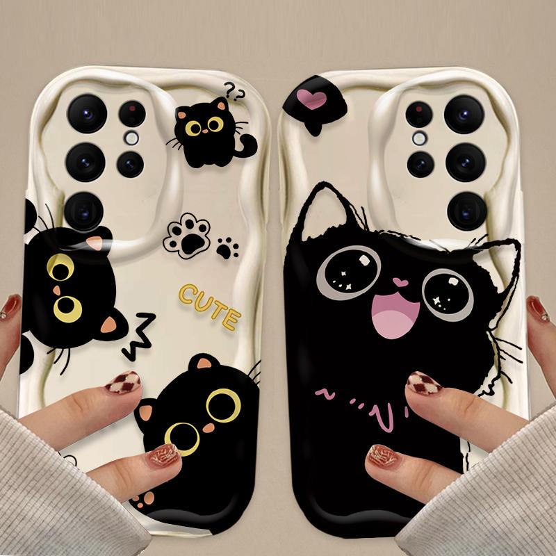 Cartoon Big Eyes Black Cat Case for Samsung Galaxy S25 S24 Ultra S23 S22 S21 S20 Plus FE A56 A36 A26 A17 A07 Soft Silicone Etui