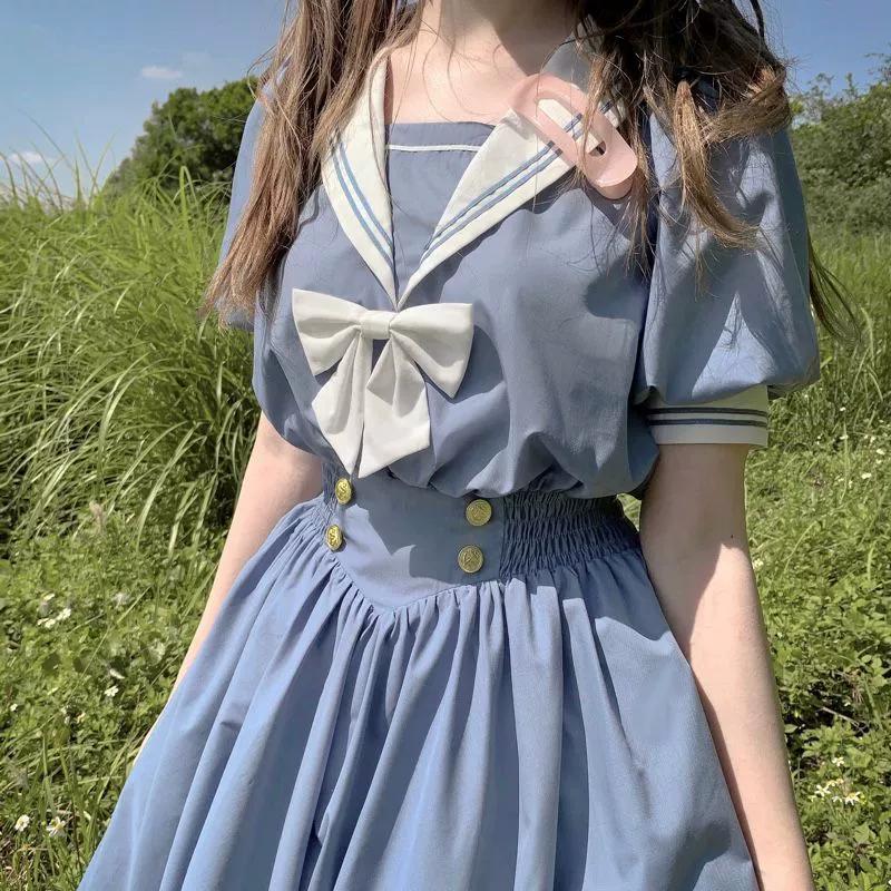 Japon Nazik Kız Sevimli Lolita Elbise Kadın Tatlı Kabarık Kollu İnce Öğrenci Elbiseleri Parti Retro Kızlar Fiyonk Denizci Yaka Vestidos