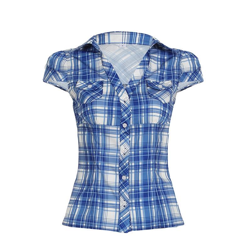 

Women s Blue and White Plaid Short Sleeve Shirt, Collar, Button Front, Two Chest Pockets S