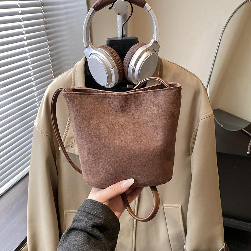 Women Fashion Mini Suede Pu Single Shoulder Underarm Small Bucket Handbag