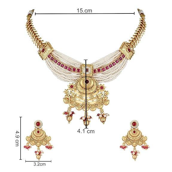 Colier Bijuterii cu Perle din Alamă Antică Tradițional Placat cu Aur cu Set Cercei Pentru Femei