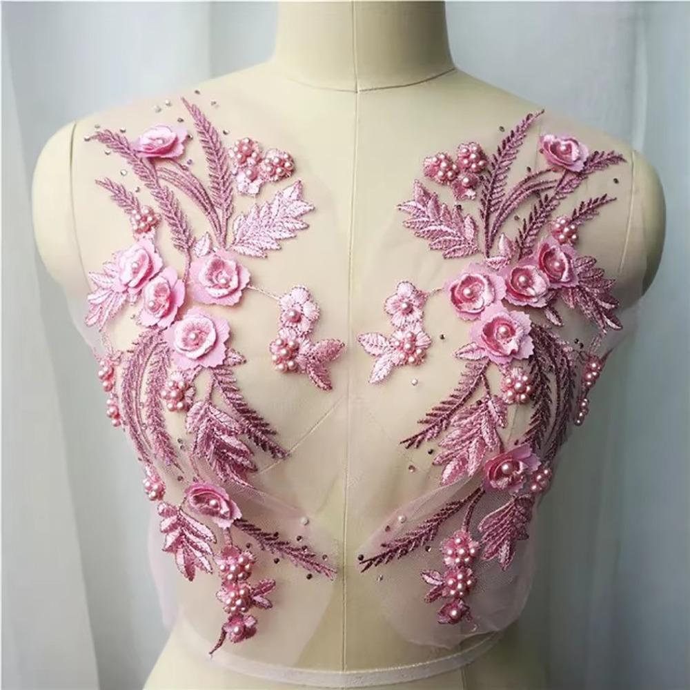 Appliques Sew White Black Wedding Gown Appliques 3D Flower Tassel Beads Lace Appliques Sew Patch