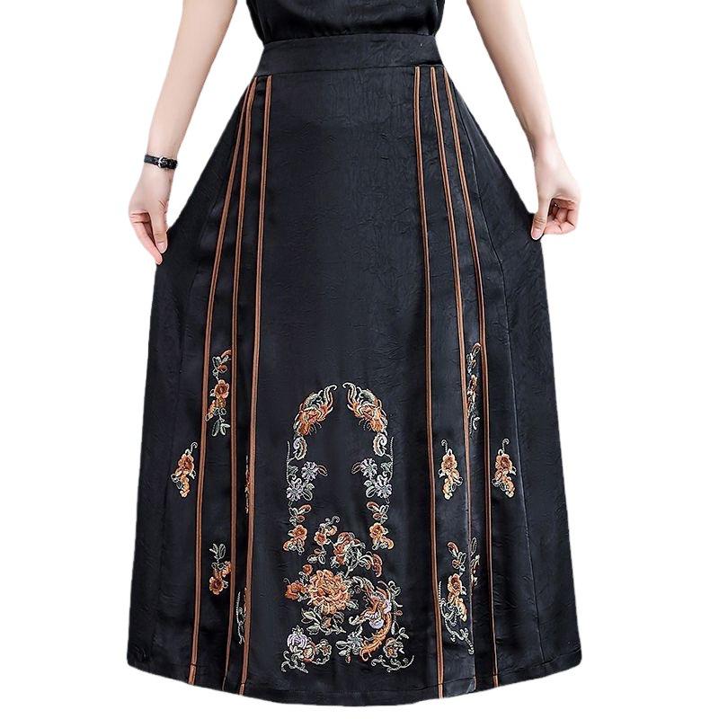 Chinese Style Embroidered Ma Mian Skirt, Elastic Waist, Knee-Length, for Middle-Aged and Elderly Women