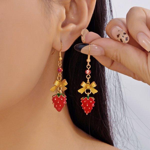 Korean Sweet Cute Strawberry Ribbon Bowknot Drop Earrings for Women Cute Fruit Cake Cup Dangle Earring Girls Lovely Zircon Gift
