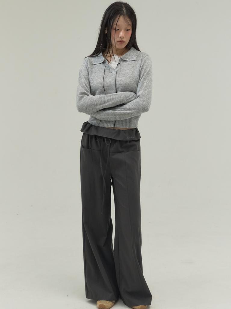 SORRY, TOO MUCH LOVE Ribbon Tie Collar Knit Top_Gray