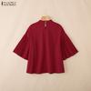 ZANZEA Women Casual Stand Collar Loose Pleated 3/4 Sleeve Print Blouse