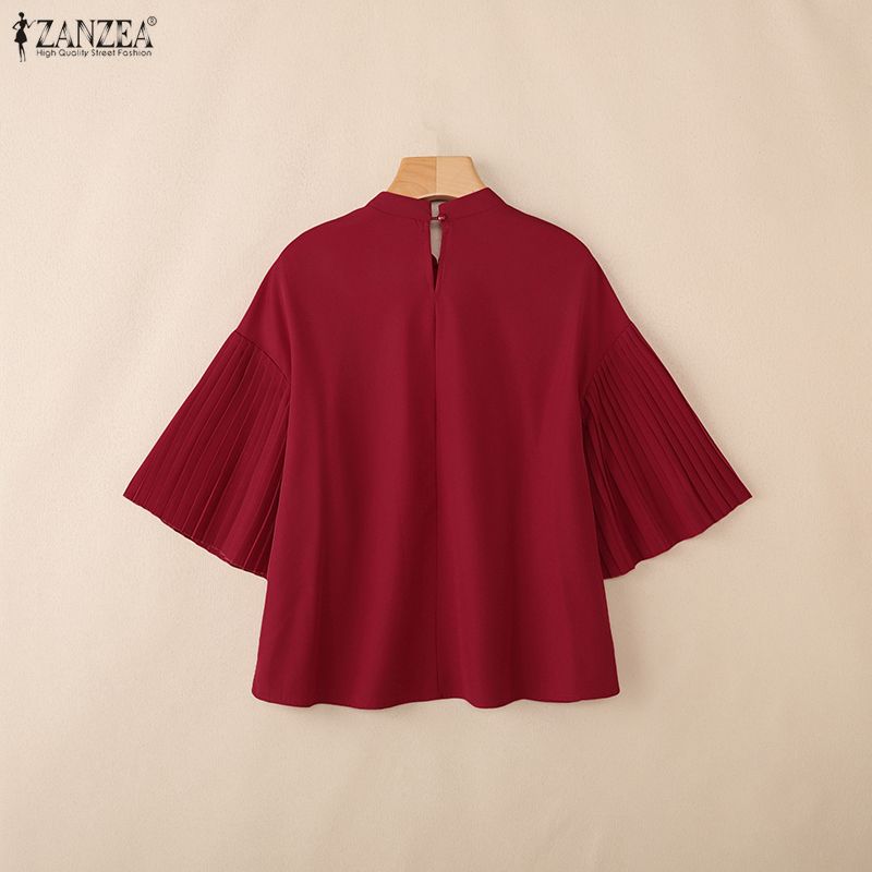 ZANZEA Women Casual Stand Collar Loose Pleated 3/4 Sleeve Print Blouse