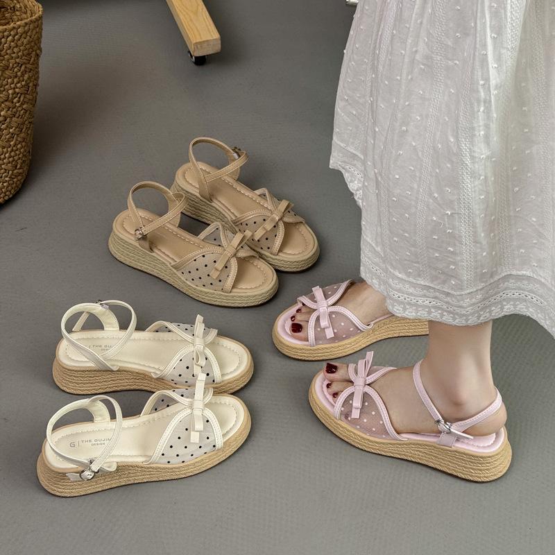 2025 summer new bow mesh polka dot stiletto with skirt beautiful fashion sandals women's wedge heel sandals