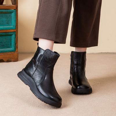 Winter New Leather Martin Boots Women's Side Zipper Flat Bottom Slope Heel Mother Cotton Shoes Casual Warm Snow Boots Women