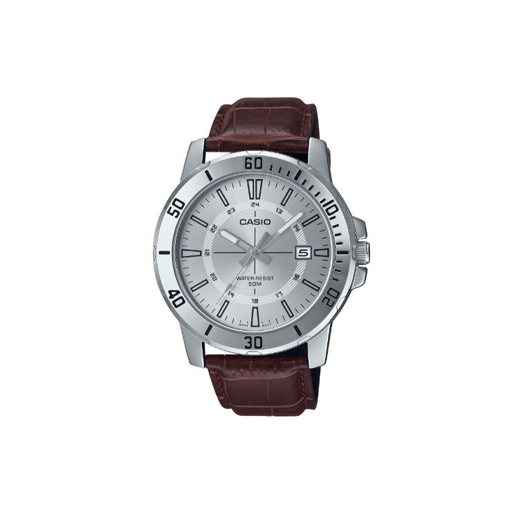 Casio 50M Waterproof Quartz Movement Leather Strap Watch Men watches Silver MTP-VD01L-7C Silver Dial