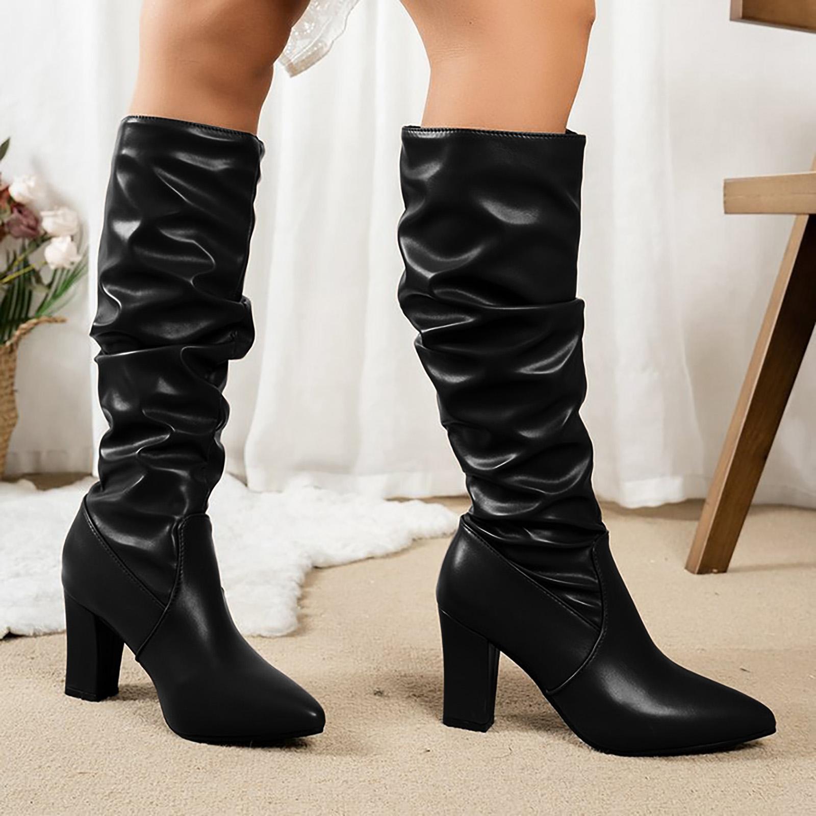 Women s Fashionable Pointed Toe Thick Heel Knee High Fashion Boots One Long Pile Leather Mid Women over The Knee Boots Wide Calf 36 чёрный