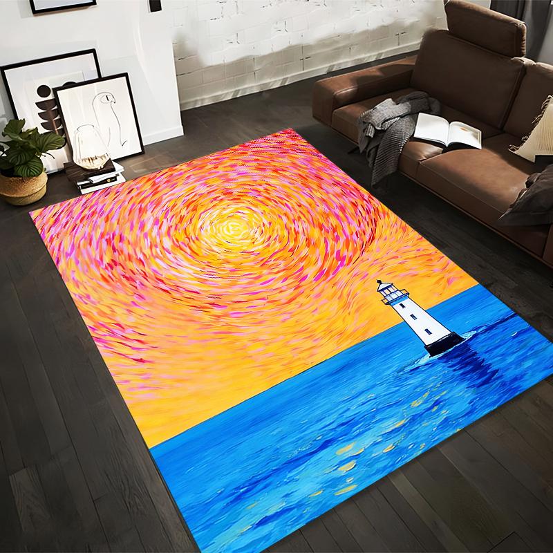 Colorful Lighthouse Sunset Design Carpet with Ocean and Sky Pattern Suitable for use as an anti-slip for living room bedroom sofas