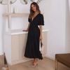 2025 Summer Deep V-neck Puff Short Sleeve Fashion Women Dress New Elegant Solid Color Loose Party Medium and Long Dress Women Slim Fit Women Clothing