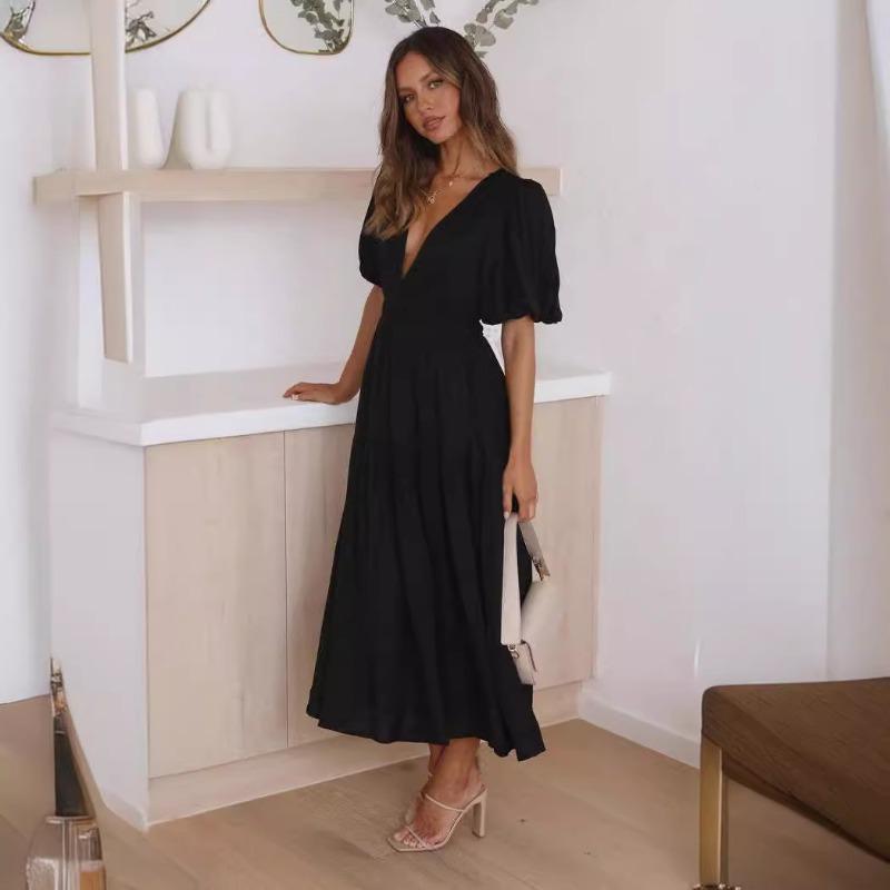 2025 Summer Deep V-neck Puff Short Sleeve Fashion Women Dress New Elegant Solid Color Loose Party Medium and Long Dress Women Slim Fit Women Clothing