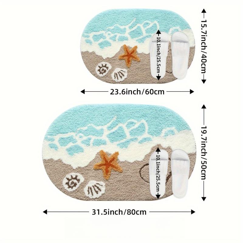 1pc Plush Faux Cashmere Bathroom - Ocean-Themed Oval Floor Mat with Beach Starfish & Heart Design,Rugs for Bathroom,Theme Decor