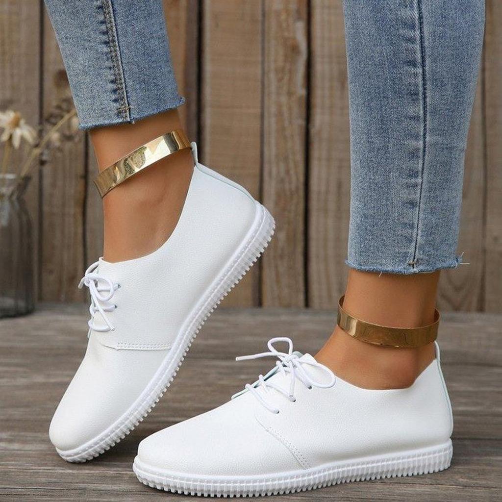 Ladies Fashion Solid Color Leather Round Toe Lace Up Comfortable Flat Bottomed Casual Shoes Natural Sandals for Women