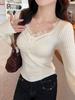 Elegant Lace Splicing Sweater Women's Sweet Pleated V Neck Lace Knit Pullover Sweaters Basic Slim Fit Long Sleeve Tops Base Clothing