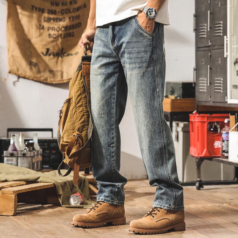 JIELEINUO Men's Loose Fit Straight-Leg Washed Jeans