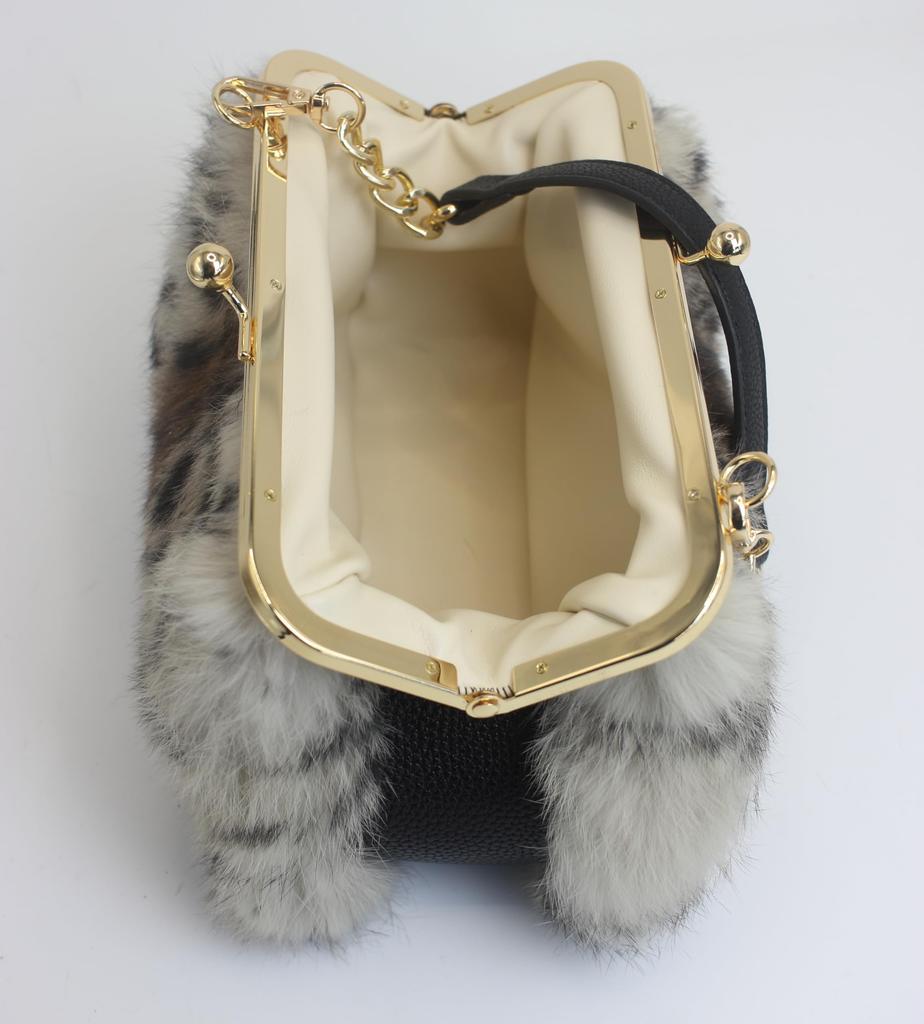 Fosrion Echte Kaninchenfell-Verschluss Handtasche für Damen, Klein, 2-Wege, Tierprint, mit Schultergurt (Braunes Kamm-Muster)