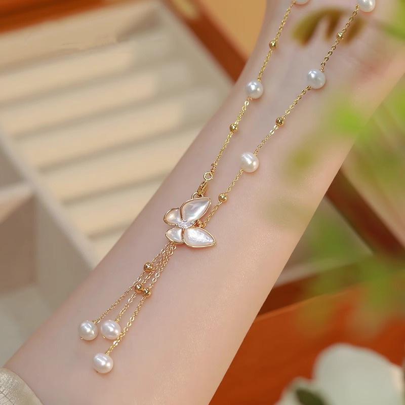Titanium Steel Butterfly Tassel Necklace with Freshwater Pearls and Mother-of-Pearl for Women
