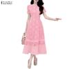 ZANZEA Women Casual Round Neck Short Sleeve Elegant Lace Long Dress