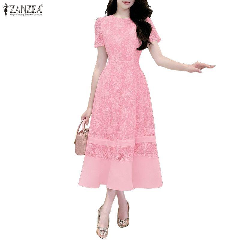 ZANZEA Women Casual Round Neck Short Sleeve Elegant Lace Long Dress