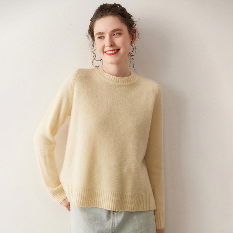 Women's Cashmere Sweater - Round Neck, Solid Color, Comfortable Loose Fit, Saddle Shoulder Knit Base Layer for Autumn & Winter.