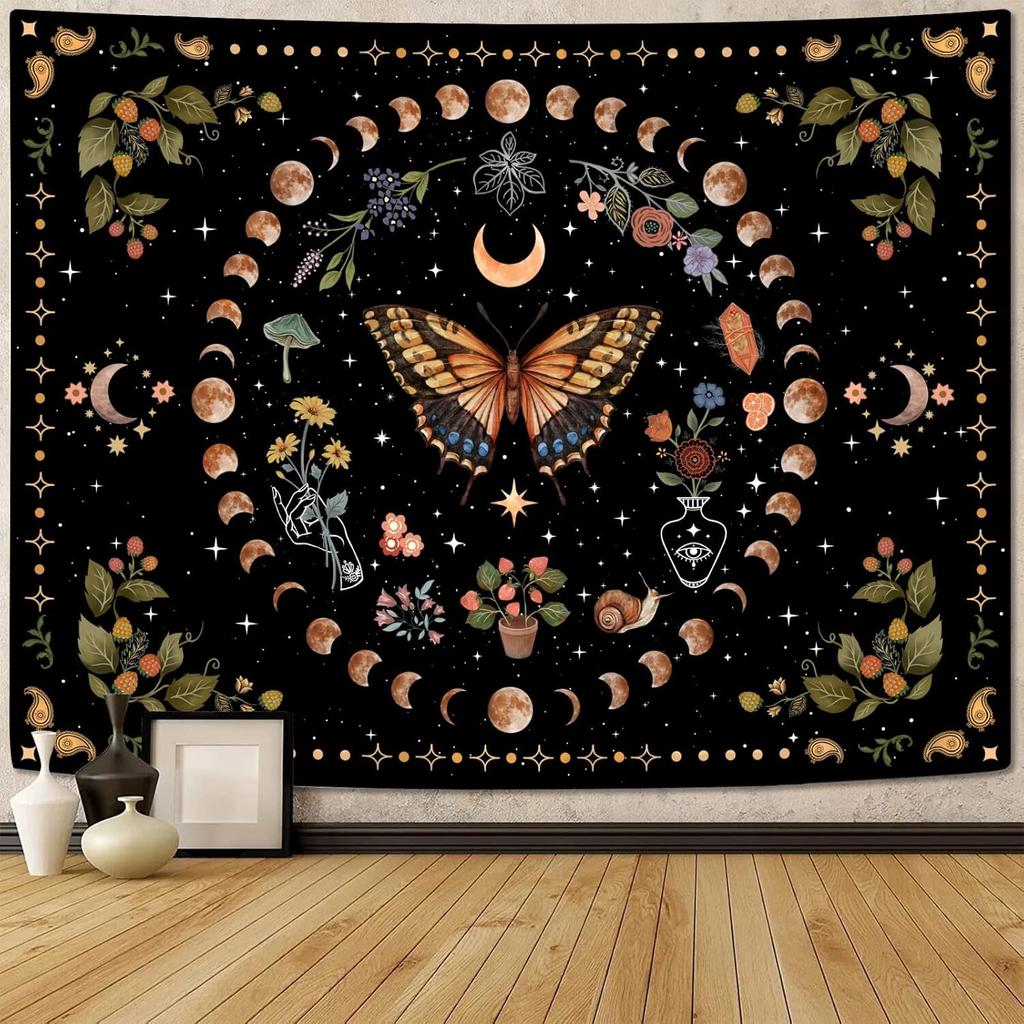 VIKAMA Yellow Butterfly Moonlight Flower Tapestry Retro Bohemian Style Living Room Dormitory Wall Hanging Home Decor
