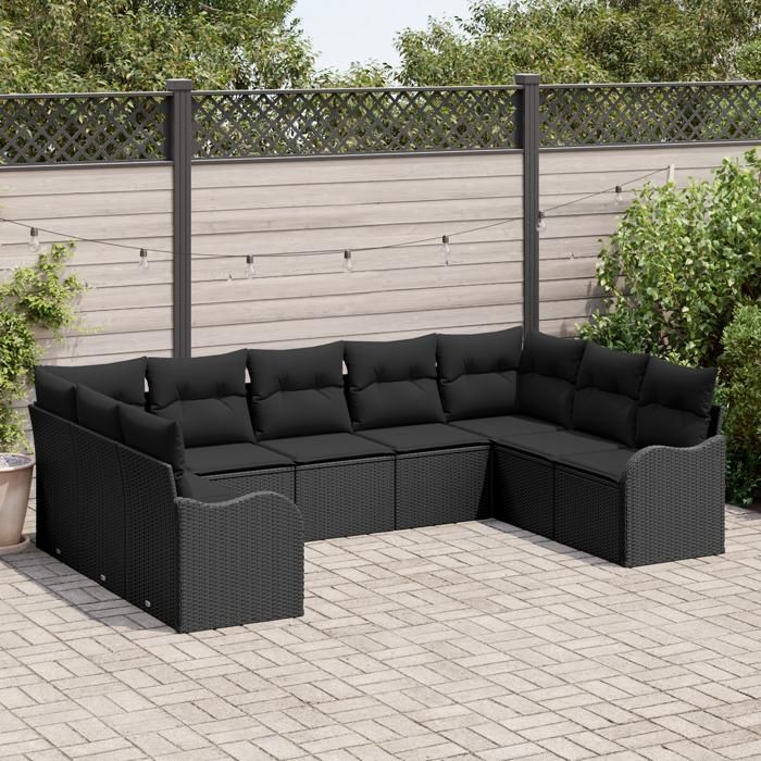 Ensemble de canapé de jardin 9 pièces avec coussins rattan poly noir, Canapé de jardin 2 places avec coussins rattan poly 3345863