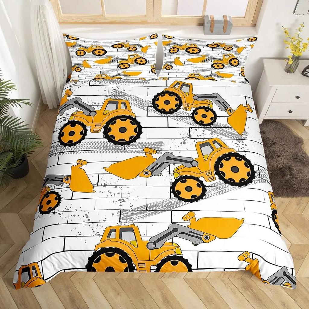 Excavator King Queen Duvet Cover Cartoon Construction Truck Bedding Set for Kids Boys Girls Tractor 2/3pcs Polyester Quilt Cover
