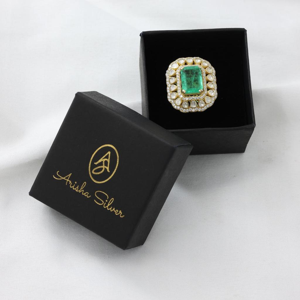 925 Sterling Silver Handmade Jewelry, Gold Finish Kundan Ring, Indian jewelry, Statement Women ring Polki Ring, Moissanite Adjustable Ring