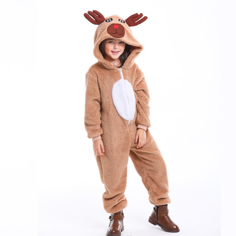 Kids Girls Animals Coral Velvet Elk Ear Christmas Reindeer Hooded Jumpsuit Children Halloween Role Play Dress Up Cosplay Costume