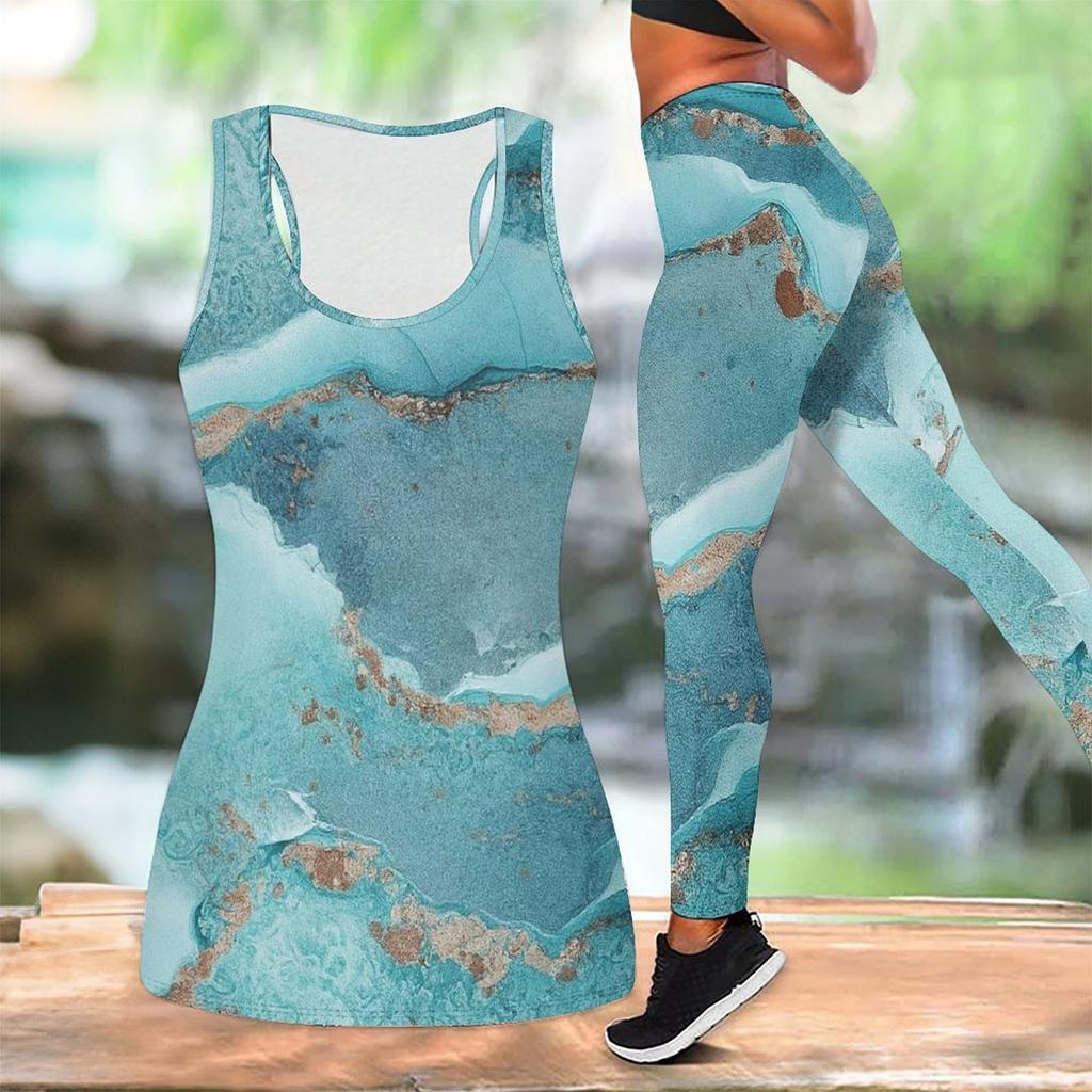 Marble Veining Printed Yoga Outfit for Women Fashion Workout Leggings Fitness Sports Casual Yoga Set Sports Suit