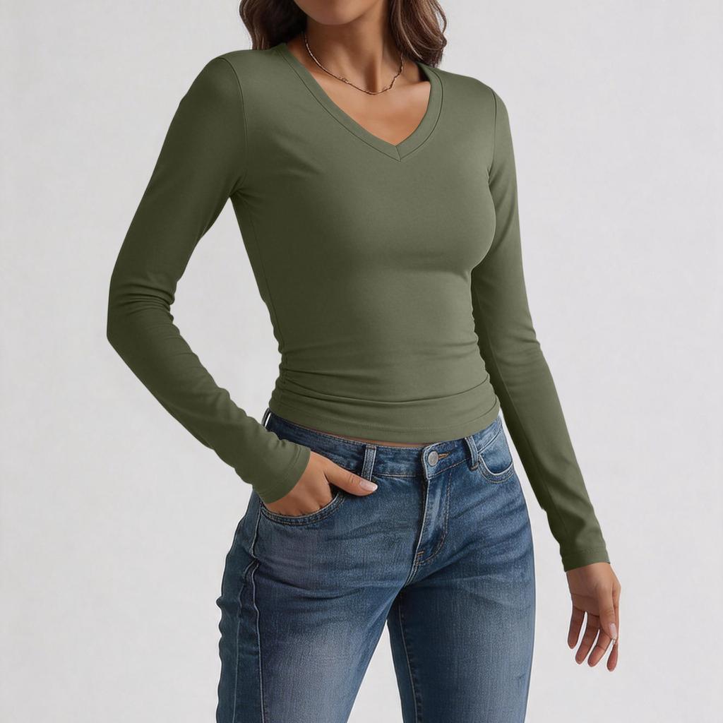 Women's Slim Fit V Neck Long Sleeve T Shirt Stretchy Milk Silk Fabric Soft Texture Basic Layering Top