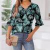 Damen Casual Fashion V-Ausschnitt Pullover Lose Pendeln Floral Fünf-Punkt-Ärmel T-Shirt Top