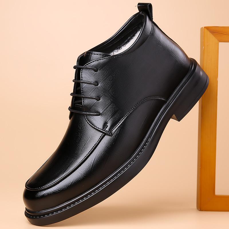Winter 2024 New Men's Hairy Business Dress Leather Shoes Men's High-top Leather Shoes Fleece Thickened Thermal Cotton Leather